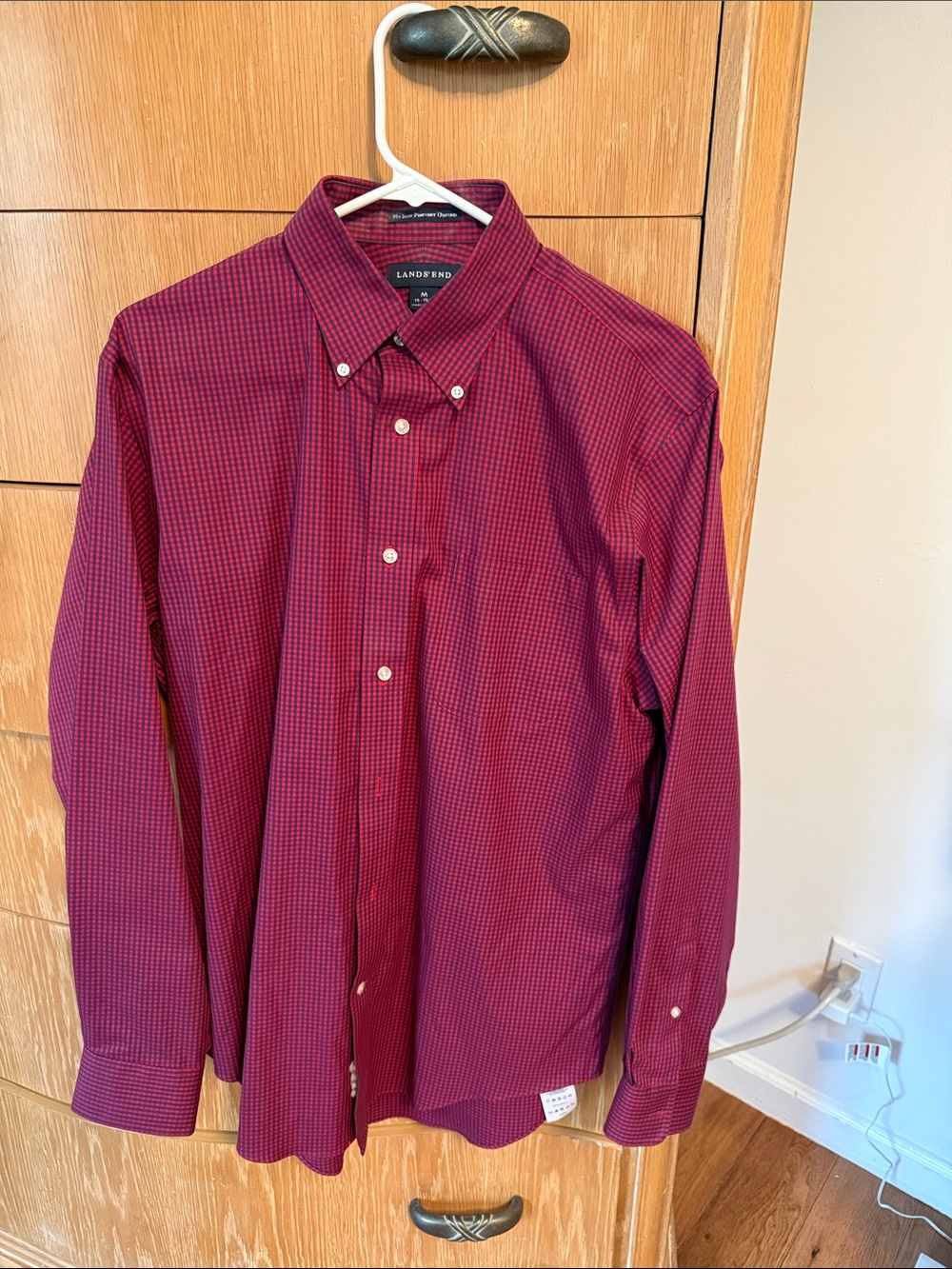 Lands' End Men's Red and Blue Micro-Check Button-Down Shirt